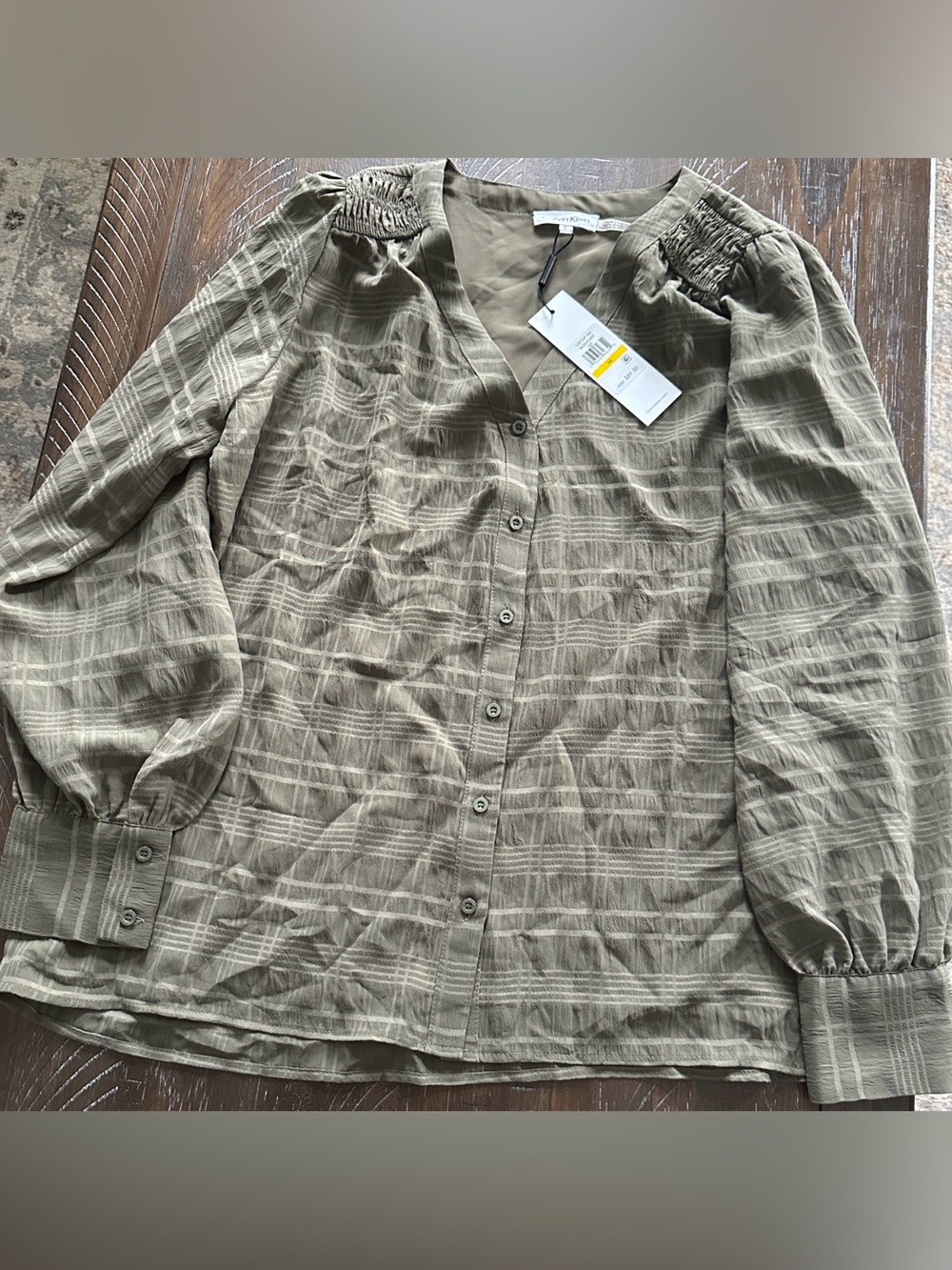 NWT Calvin Klein Olive Plaid Lightweight Button Front Blouse - Size Medium